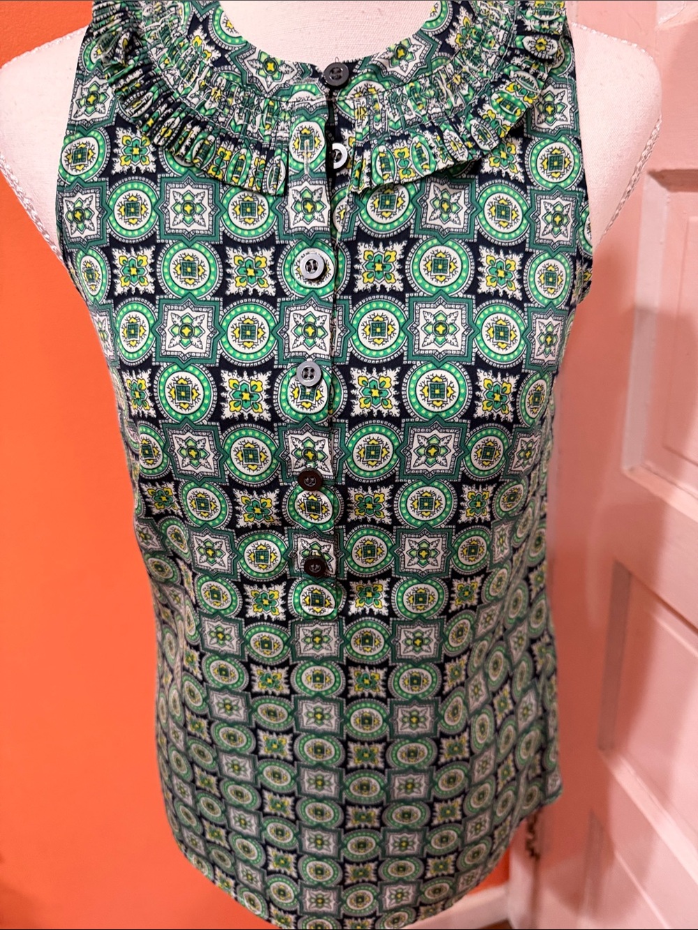 J. Crew Green Geometric Ruffle-Neck Sleeveless Tank